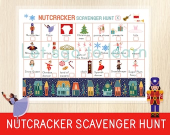 May include: A colorful Nutcracker Scavenger Hunt game board with illustrations of characters and objects from the ballet. The board includes a list of items to find, such as a Nutcracker, Clara, and a Christmas tree. The title "Nutcracker Scavenger Hunt" is displayed at the top and bottom.