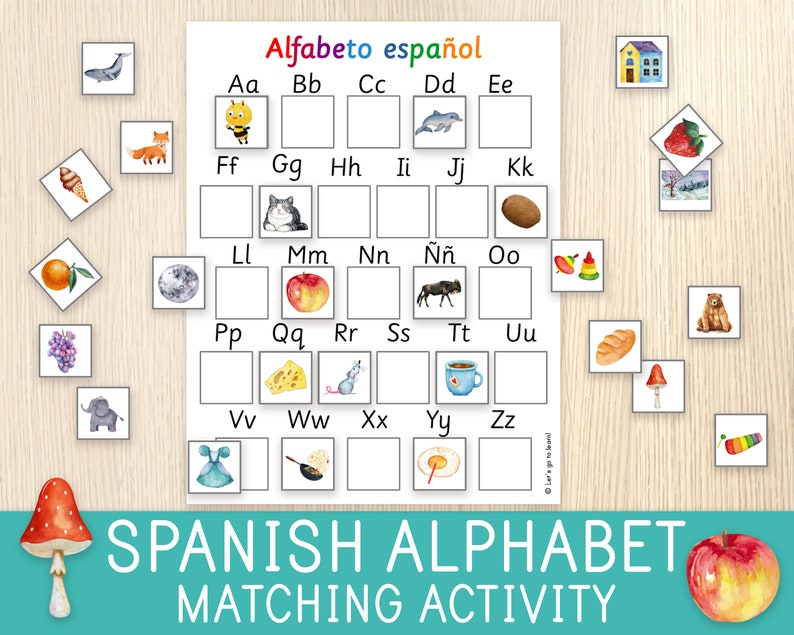 K&ouml;nnte beinhalten: Eine druckbare spanische Alphabet-Zuordnungsaktivit&auml;t mit bunten Illustrationen von Tieren, Essen und Gegenst&auml;nden. Die Buchstaben sind in Schwarzwei&szlig; gedruckt, die Illustrationen sind farbig. Der Titel "Alfabeto espa&ntilde;ol" ist oben auf der Seite gedruckt.
