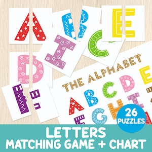 Juego de emparejar letras del alfabeto para niños - Actividad de emparejamiento del abecedario - Tarjetas para niños pequeños y preescolares - Educación en casa - Juego Montessori - Rompecabezas de simetría