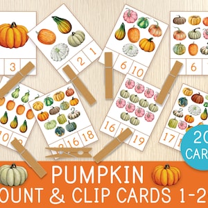 Tarjetas de conteo y recorte de calabazas, tarjetas de conteo, números del 1 al 20, otoño - tarjetas didácticas para niños pequeños, preescolar, materiales Montessori, imprimibles