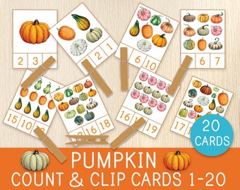 Pumpkin Count and Clip Cards, Counting Cards, Numbers 1-20, Fall - Autumn Flashcards, Toddler, Preschool, Montessori Materials, Printable