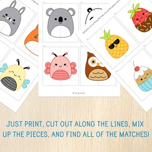 May include: A printable set of 10 matching cards featuring cute cartoon characters. Each card is divided in half with a line down the middle. The characters include a koala, a pineapple, a strawberry, a cupcake, a bee, a butterfly, an owl, a bunny, and two birds.