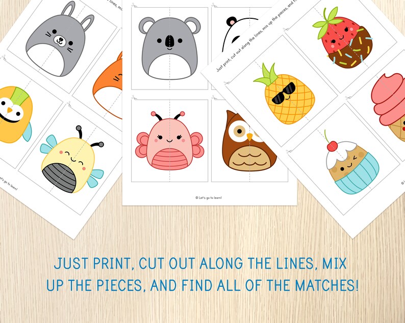 May include: A printable set of 10 matching cards featuring cute cartoon characters. Each card is divided in half with a line down the middle. The characters include a koala, a pineapple, a strawberry, a cupcake, a bee, a butterfly, an owl, a bunny, and two birds.