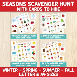 Lot de jeux de chasse au trésor Seasons, chasse au trésor avec des cartes à cacher, hiver, printemps, été, activités d'automne, préscolaire et maternelle