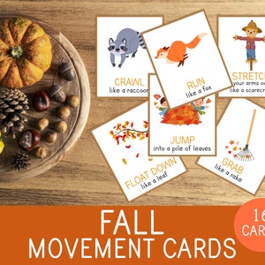 Tarjetas de movimiento otoñal, Juego de otoño, 24 tarjetas didácticas, Motricidad gruesa, Descansos mentales para preescolar y jardín de infantes, Centros, Imprimible educativo