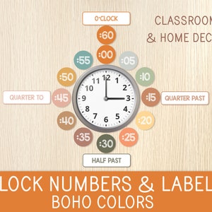 Uhrenzahlen und Beschriftungen, analoge Wanduhr, Klassenzimmer & Wohndekor, Vorschule, Kindergarten, Grundschule, Uhrzeit, Boho-Farben