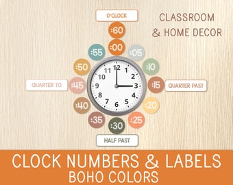 Clock Numbers and Labels, Analog Wall Clock, Classroom and Home Decor, Preschool, Kindergarten, Elementary School, Telling Time, Boho Colors