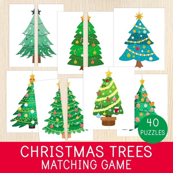 Christmas Trees Matching Game, Christmas Puzzles, Xmas Activity For Preschool & Kindergarten, Homeschool, Montessori, Educational Printable