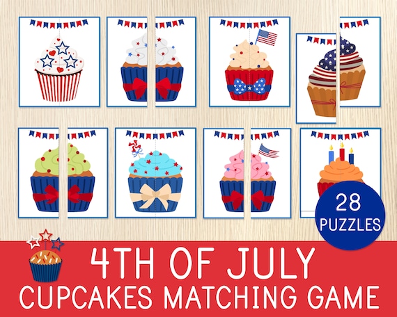 4th of July Game, Matching Activity for Kids, Cupcakes Puzzles, USA Independence Day Party, Toddler, Preschool, Summer Game, Printable