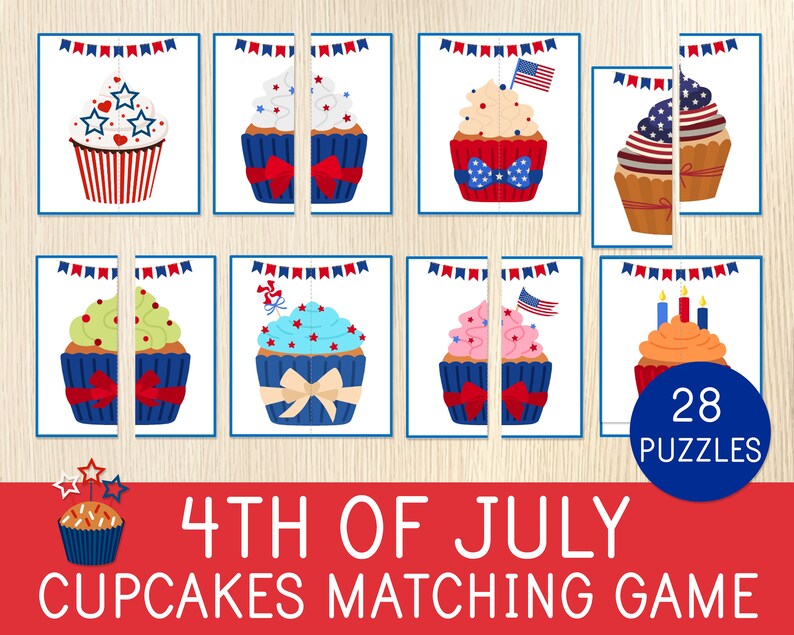 May include: 28 printable 4th of July cupcake matching game puzzles. Each puzzle is split in half, showing a cupcake with red, white, and blue decorations. The puzzles are perfect for kids to practice their matching skills.