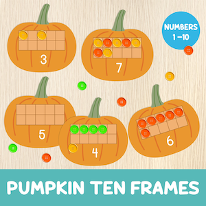 May include: Orange pumpkin ten frames with numbers 3, 4, 5, 6, and 7. Each pumpkin has a ten frame filled with colorful buttons. The text "Numbers 1-10" is in a blue circle. The words "Pumpkin Ten Frames" are at the bottom.