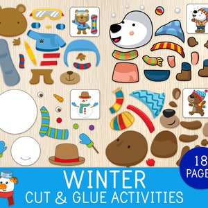 Winter Cut & Glue Activities, Cut and Paste Game, Scissor Skills, Cutting Practice, Preschool, Kindergarten, Centers, Worksheets for Kids