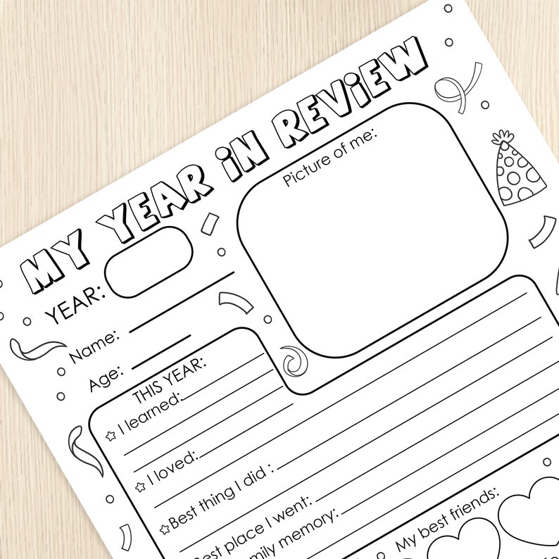 Year in Review For Kids - New Year's Eve Activity - End of Year Questionnaire - Year Memory Worksheet -Writing & Coloring - Year At Glance image 2
