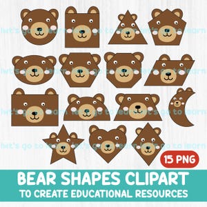 Formes d'ours Clipart | Formes géométriques mignonnes de visage d'ours | 15 fichiers PNG | Décoration de salle de classe | Activités préscolaires | Ressources pédagogiques