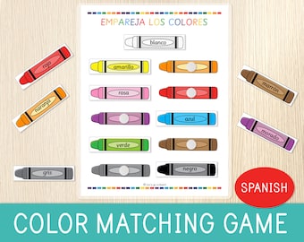 Colors Matching Game in SPANISH, Toddler and Preschool Activity, Pre-K, Busy Book Page, Learning Binder, Spanish Classroom, Crayons