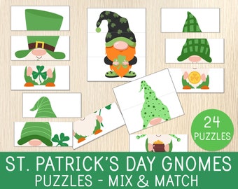 St. Patrick's Day Gnomes Matching Activity, 24 Puzzles, Matching Games, Toddler, Preschool, Leprechaun, Clover,Shamrock, Busy Bag,Quiet Time