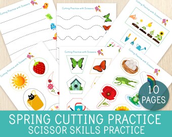 Práctica de corte de primavera - Práctica de tijeras - Hojas de trabajo de primavera para niños - Preescolar, Jardín de infancia - Motricidad fina - Montessori