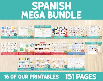Può includere: Un pacchetto educativo di spagnolo di 151 pagine con 16 set stampabili che includono flashcard di forme 2D, calendario perpetuo, parole comuni, poster dell'alfabeto, stagioni, mesi, emozioni, natura, meteo, colori e schede numeriche.
