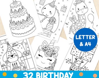 Birthday Coloring Pages for Kids — 32 Printable Birthday Coloring Sheets — Birthday Party Activity — PDF — Instant Download