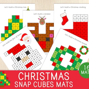 Tapetes de cubos instantâneos de Natal, cartões de tarefas de cubos de conexão, pré-escola, jogo de jardim de infância, centros de matemática, habilidades motoras finas, impressão educacional