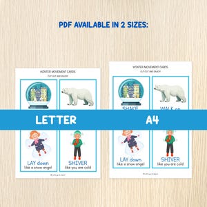 Puede incluir: Dos juegos de tarjetas de movimientos de invierno, etiquetados como "Letter" y "A4". Cada juego presenta una bola de nieve, un oso polar e ilustraciones de ni&ntilde;os. El texto incluye "Lay down like a snow angel" y "Shiver like you are cold."