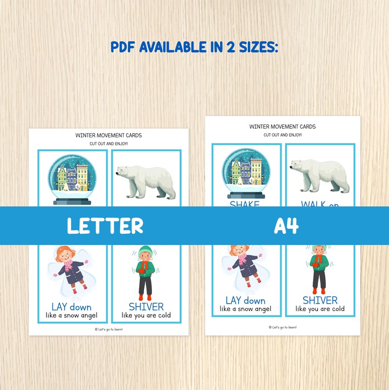 Puede incluir: Dos juegos de tarjetas de movimientos de invierno, etiquetados como "Letter" y "A4". Cada juego presenta una bola de nieve, un oso polar e ilustraciones de ni&ntilde;os. El texto incluye "Lay down like a snow angel" y "Shiver like you are cold."