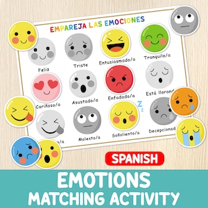 Emotions Matching Activity for Kids in SPANISH - Toddler, Preschool, Kindergarten Game - Emotional Education, Feelings Worksheet, Vocabulary