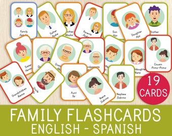 Familiekaarten Engels en Spaans - 19 tweetalige kaarten - kleuterschool, kleuterschool - Spaanse woordenschat - afdrukbaar Spaans klaslokaal