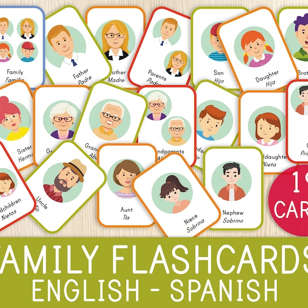 English & Spanish Family Flashcards, Bilingual Cards, Set of 19, Preschool, Kindergarten, Educational Printable Flashcards,Spanish Classroom