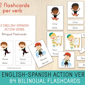 Verbos de acción inglés-español - 42 verbos - 84 tarjetas didácticas bilingües - Jardín de infancia, primaria, educación en casa, Montessori, aula de español
