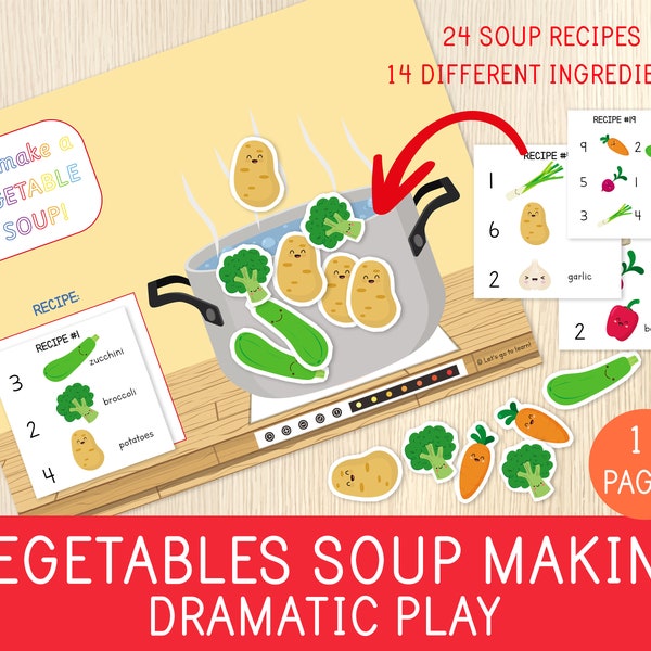 Vegetables Soup Making, Dramatic Play, Pretend Play, Educational Game for Kids, Cutting and Counting Activity, Preschool Centers, Homeschool