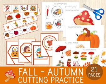 Autumn Cutting Practice, Fall Scissor Strips, Preschool Scissor Skills Worksheets, Cutting Lines, Kindergarten, Fine Motor Skills,Montessori