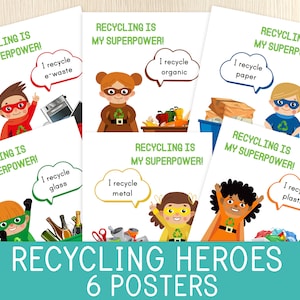 Earth Day Posters - Recycling Heroes - Learn to Recycle - Environment Day Charts - Classroom &  Home Decor - Educational Printable for Kids
