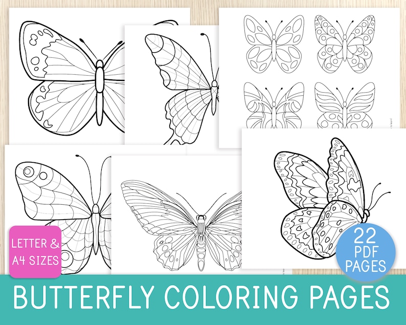 May include: A set of 22 printable butterfly coloring pages in black and white. The pages feature different butterfly designs, including some with intricate patterns. The text "LETTER & A4 SIZES" is visible in the bottom left corner of the image.