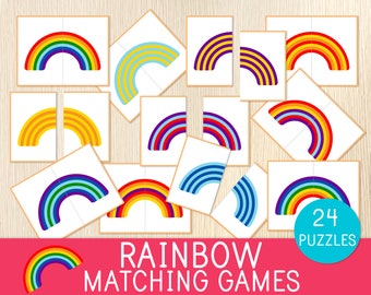 Rainbow Matching Games, 24 Puzzles, Toddler Activity, Preschool, Busy Bag, Matching Skills, Spring, Visual Perception, Colors, Visual Skills