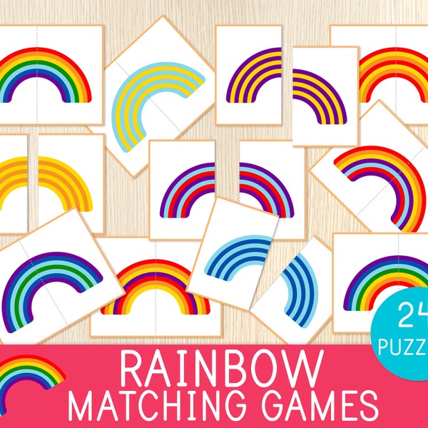 Rainbow Matching Games, 24 Puzzles, Toddler Activity, Preschool, Busy Bag, Matching Skills, Spring, Visual Perception, Colors, Visual Skills