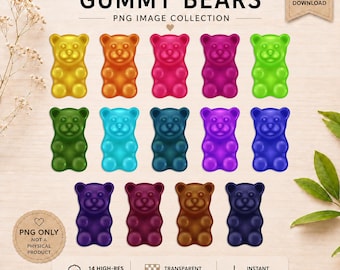 Gummy Bear Clipart Bundle — 14 Colorful Realistic Candy Bear PNG Images — Transparent Backgrounds — High Resolution — Digital Download