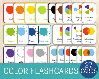 May include: 27 color flashcards with color names and color wheel diagrams. The flashcards feature a variety of colors, including red, orange, yellow, green, blue, purple, white, pink, and gray. The flashcards also include diagrams of the color wheel, primary colors, secondary colors, warm colors, cool colors, and complementary colors.