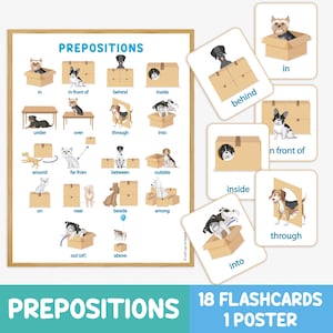 May include: Educational resource for learning prepositions, comprising a poster and flashcards. The visuals depict dogs illustrating prepositions such as "in," "behind," and "under." The set includes 18 flashcards and a poster, ideal for educational use.