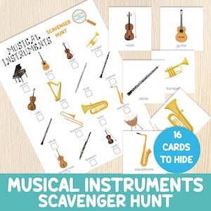 Caça ao tesouro de instrumentos musicais com cartas - Jogo de caça ao tesouro - Atividade com tema musical para crianças - Pré-escola, jardim de infância, educação domiciliar