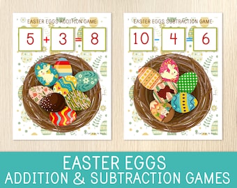 Easter Eggs Addition and Subtraction Games, Numbers 0-20,  Easter Activity, Counting, Preschool and  Kindergarten Math, Worksheets for Kids