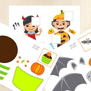 K&ouml;nnte beinhalten: Halloween-Bastelb&ouml;gen mit Cartoon-Illustrationen eines Teufels, einer k&uuml;rbisk&ouml;pfigen Figur, einer Fledermaus, eines Cupcakes und eines K&uuml;rbisses. Die B&ouml;gen enthalten Anweisungen zum Ausschneiden und Kleben der Bilder.
