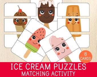 May include: Ice cream puzzle matching activity with 8 cards. The cards feature different ice cream flavors, including chocolate, strawberry, watermelon, and orange. Each card is divided into two pieces, and the goal of the game is to match the pieces together.