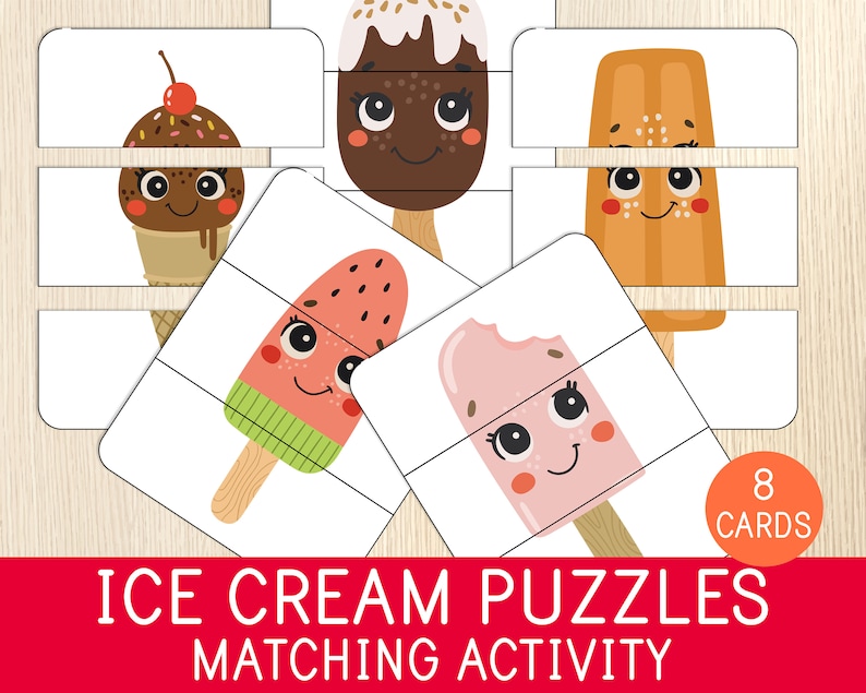 May include: Ice cream puzzle matching activity with 8 cards. The cards feature different ice cream flavours, including chocolate, strawberry, watermelon, and orange. Each card is divided into two pieces, and the goal of the game is to match the pieces together.
