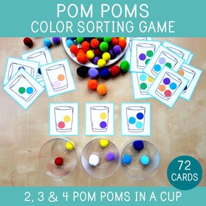 Farbsortierspiel mit Pom Poms, Farbzuordnung, Kleinkind- und Vorschulaktivität, Aufgabenkarten, Feinmotorik, Lernspiel