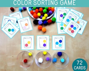 Color Sorting Game With Pom Poms, Color Matching Activity, Toddler & Preschool Activity, Task Cards, Fine Motor Skills, Educational Game