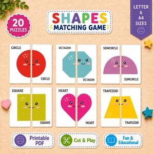 Puede incluir: Un juego de emparejar formas imprimible con 20 rompecabezas que incluyen figuras geométricas coloridas como un círculo rojo, un octágono turquesa, un semicírculo morado, un cuadrado verde, un corazón rosa y un trapecio amarillo con caras sonrientes.