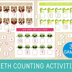 Counting Activity for Kids, 3 Math Worksheets, Busy Book Pages, Toddler, Preschool, PreK, Teeth Counting Practice, Educational Printable
