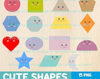Paquete de imágenes prediseñadas de formas - Lindas formas kawaii para niños - Imágenes prediseñadas de matemáticas en formato PNG - Gráficos educativos - Materiales didácticos - Conjunto de formas geométricas