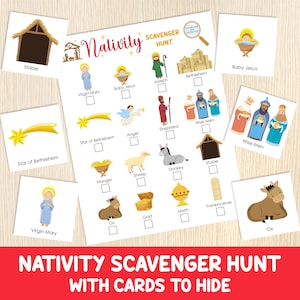 Jeu de chasse au trésor de la nativité avec cartes à cacher, chasse au trésor de Noël, sainte famille, jeu de vacances en famille, fête chrétienne, jeu religieux